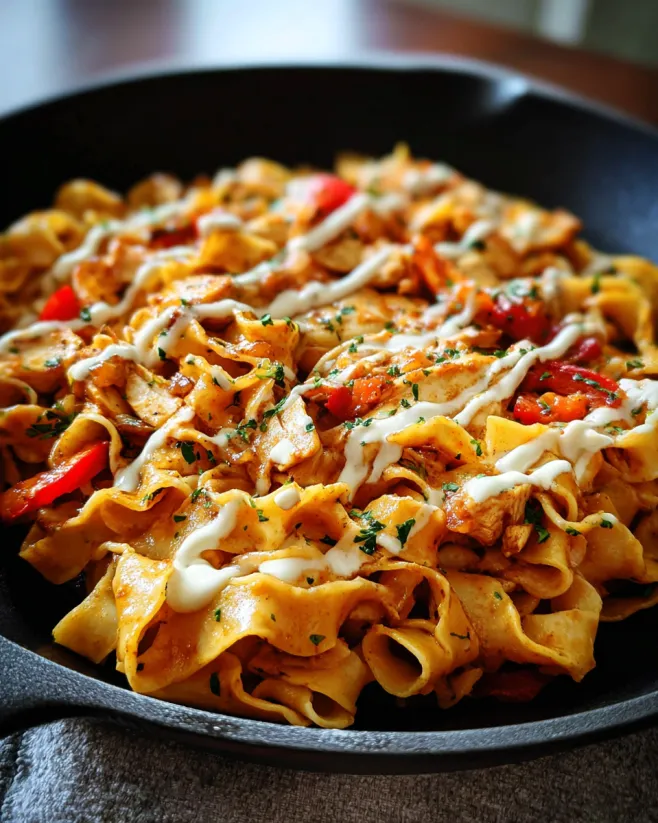 A plate of chicken fajita pasta.