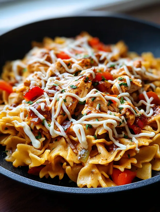 A plate of chicken fajita pasta.