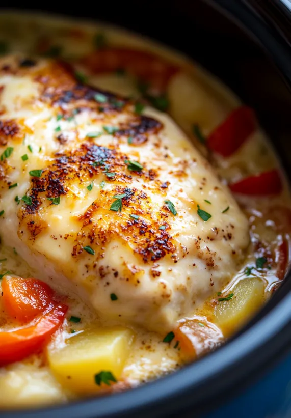 A close up of a chicken in a crock pot.