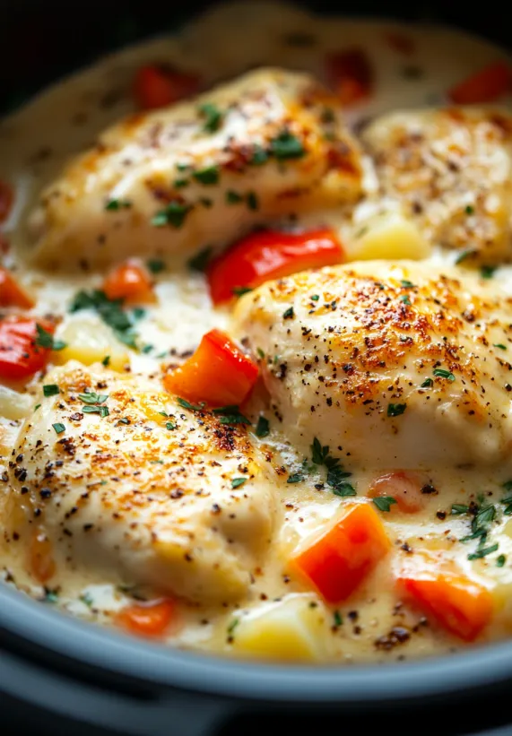 A close up of a crock pot with chicken and vegetables.