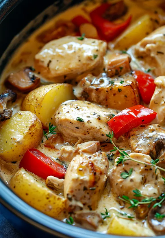A crock pot filled with chicken and vegetables.