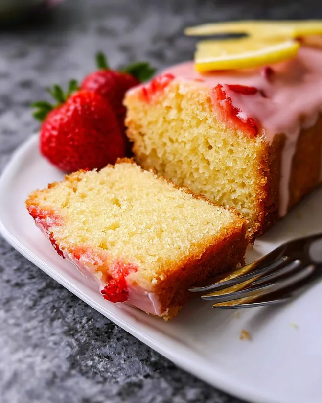 A slice of strawberry lemon loaf cake.