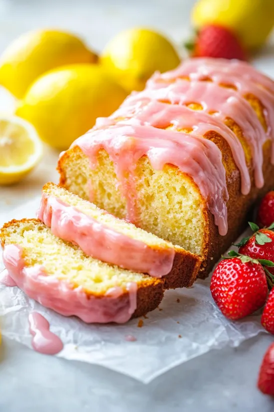 A slice of strawberry lemon loaf cake.