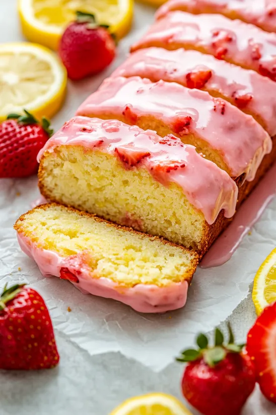 A slice of strawberry lemon loaf cake.