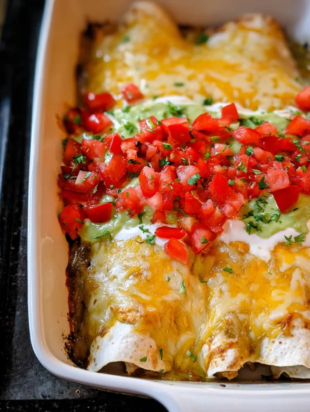 A dish of smothered chicken burritos.