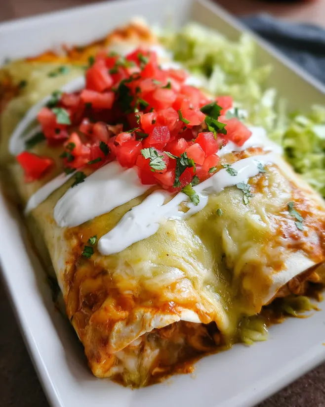 A plate of smothered chicken burritos.