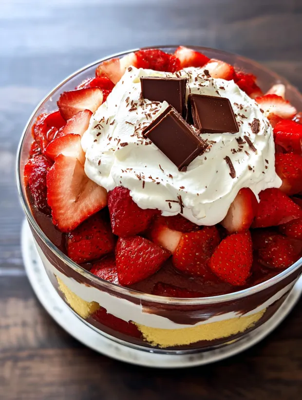 A close up of a strawberry chocolate pound cake trifle.