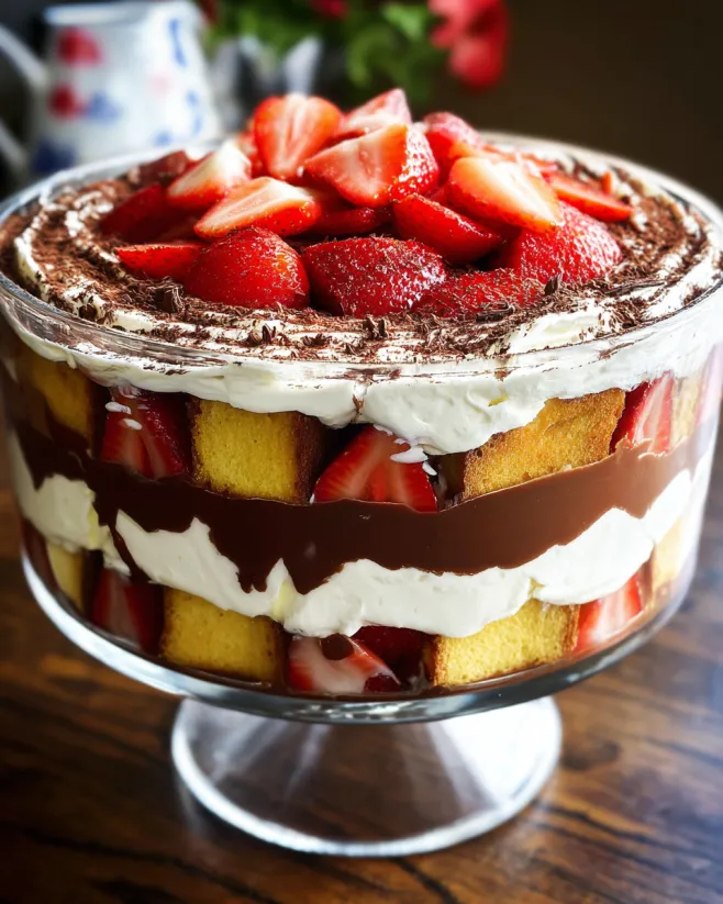 A close up of a strawberry chocolate pound cake trifle.