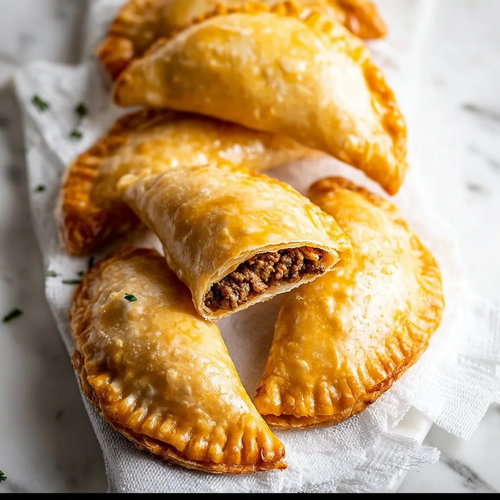 A stack of beef empanadas on a white tablecloth.