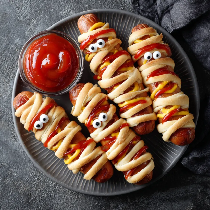 A plate of hot dogs with ketchup and mustard, and googly eyes.