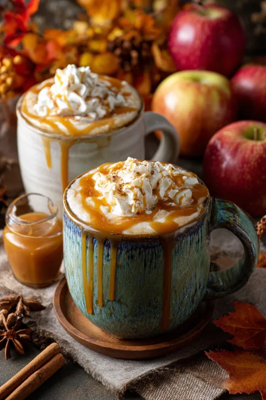 Two cups of caramel apple cider with whipped cream.