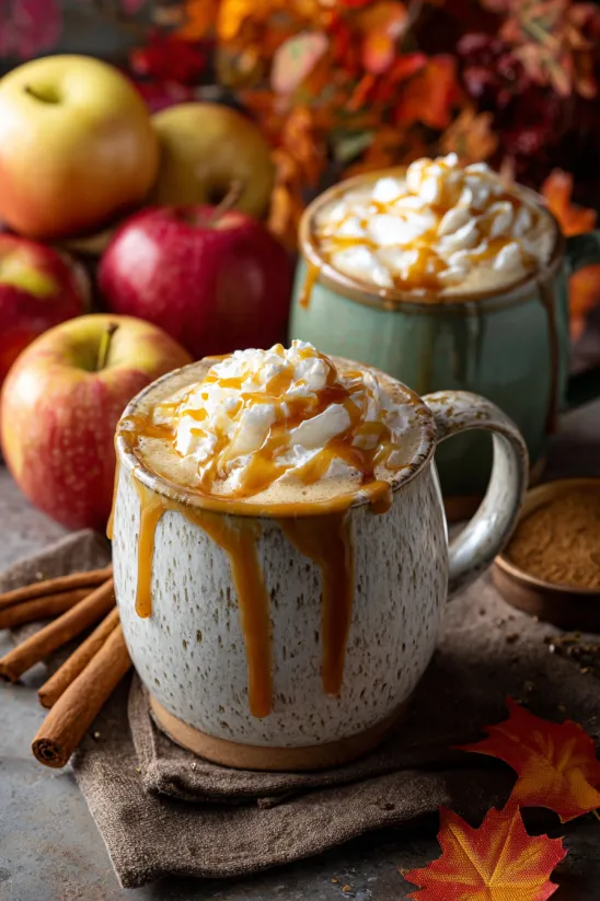 A cup of caramel apple cider with a spoon in it.