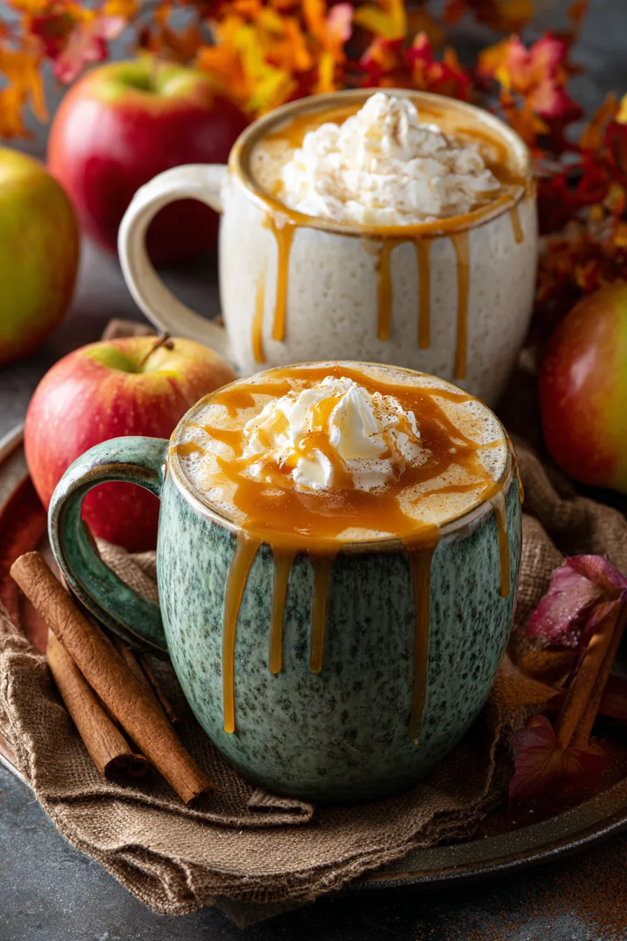 Two cups of caramel apple cider on a table.