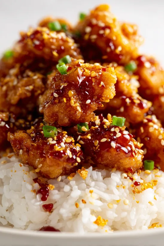 Sesame chicken on rice.