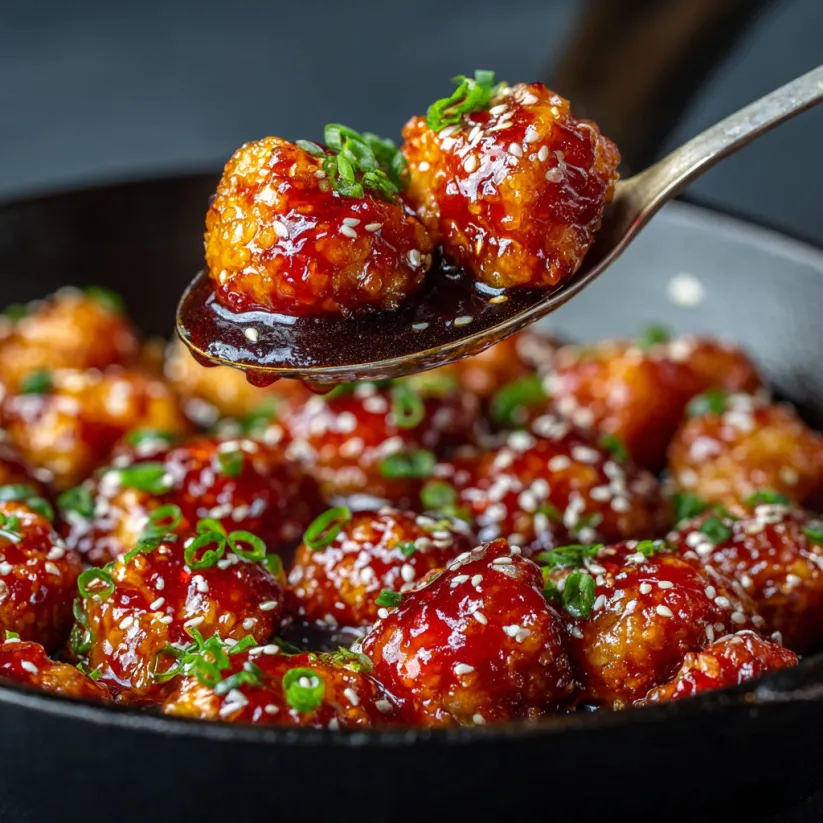 A spoon is scooping up sesame chicken.