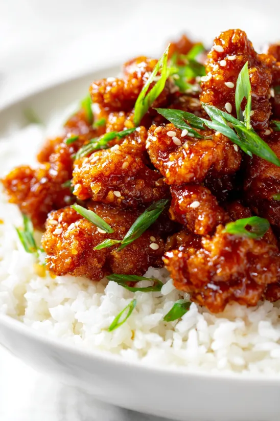 Sesame chicken with rice.