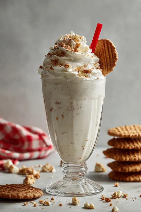 A glass of eggnog milkshake with a cookie on top.