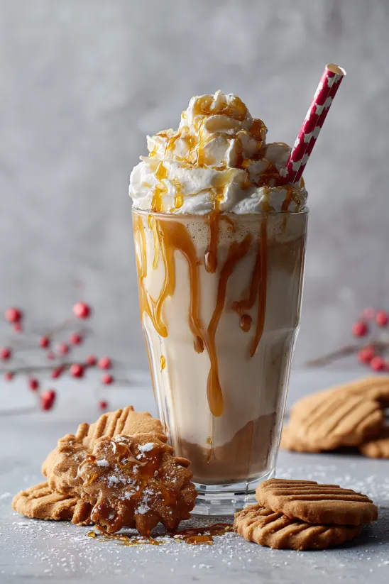 A glass of eggnog milkshake with a cookie on the side.