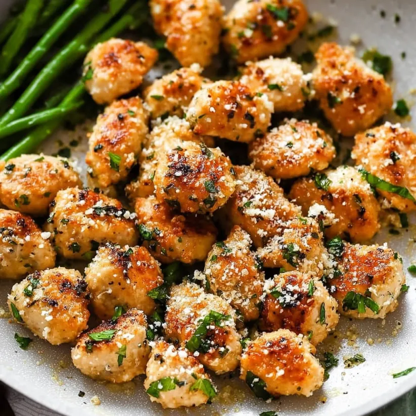A plate of garlic Parmesan chicken bites.