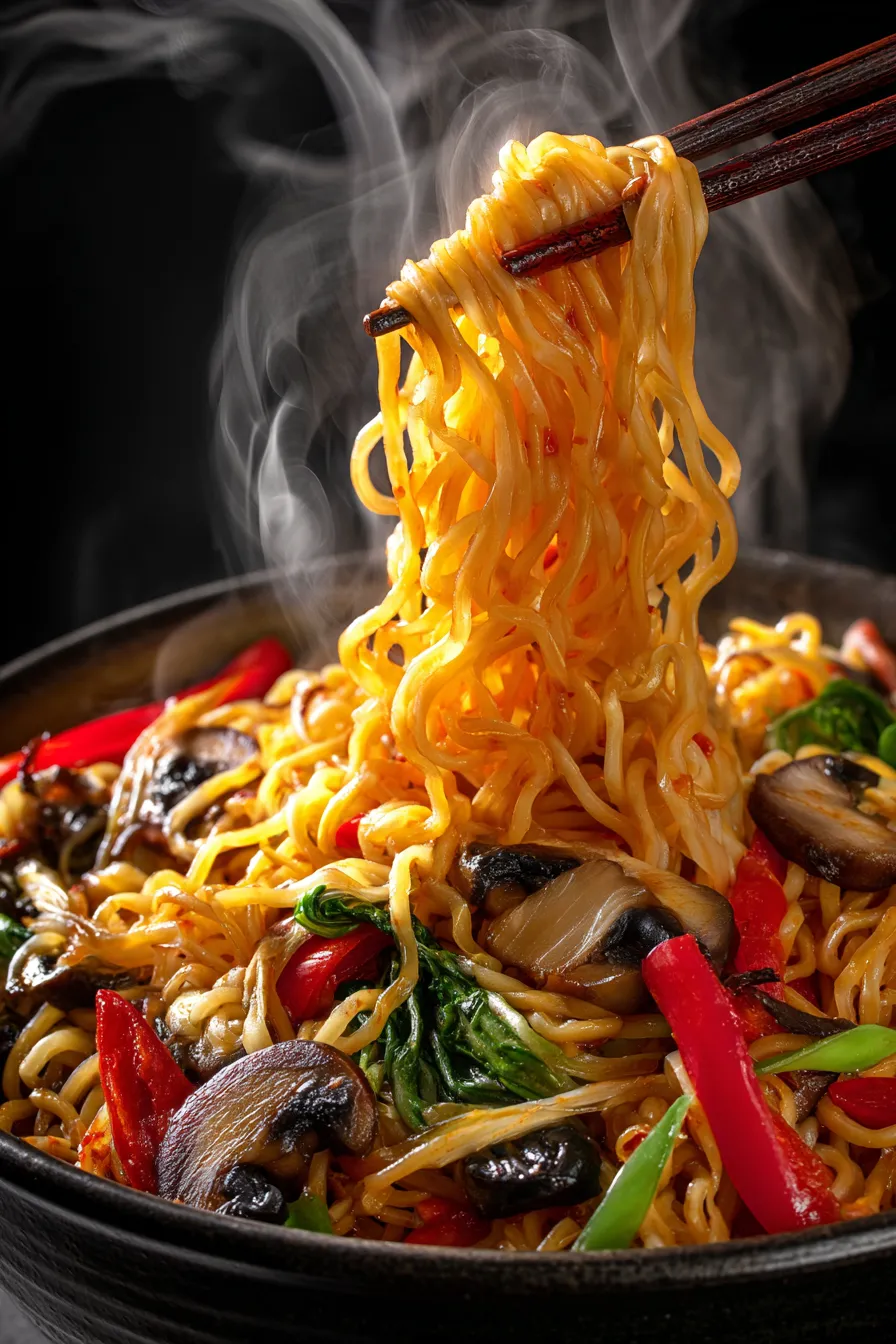 A bowl of noodles with vegetables and mushrooms.