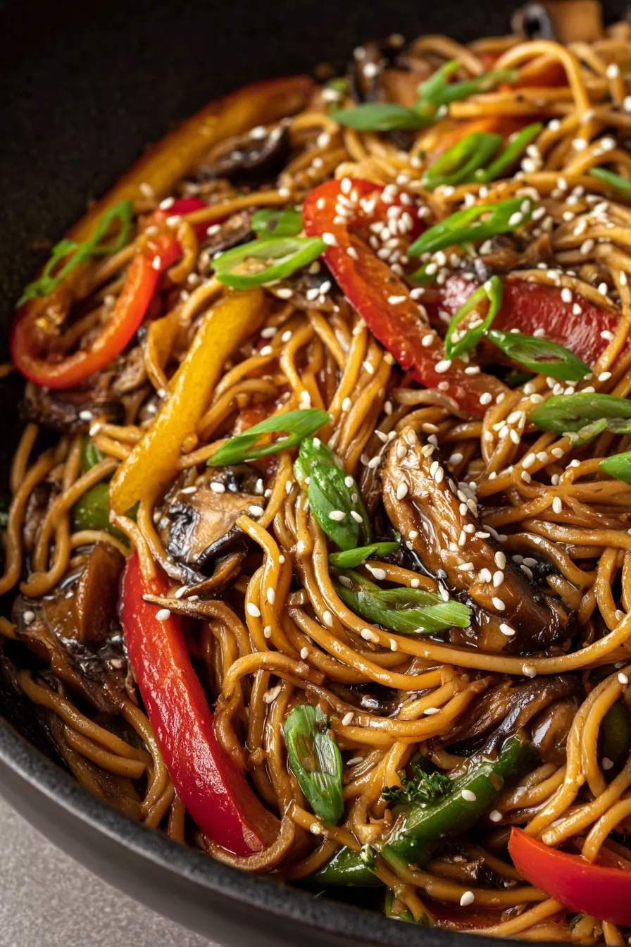 A bowl of noodles with vegetables and meat.