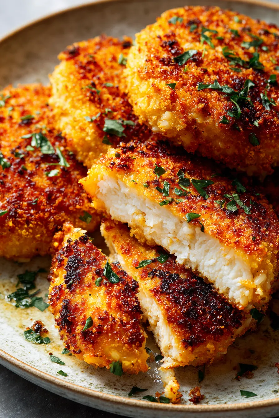 Chicken patties on a plate.