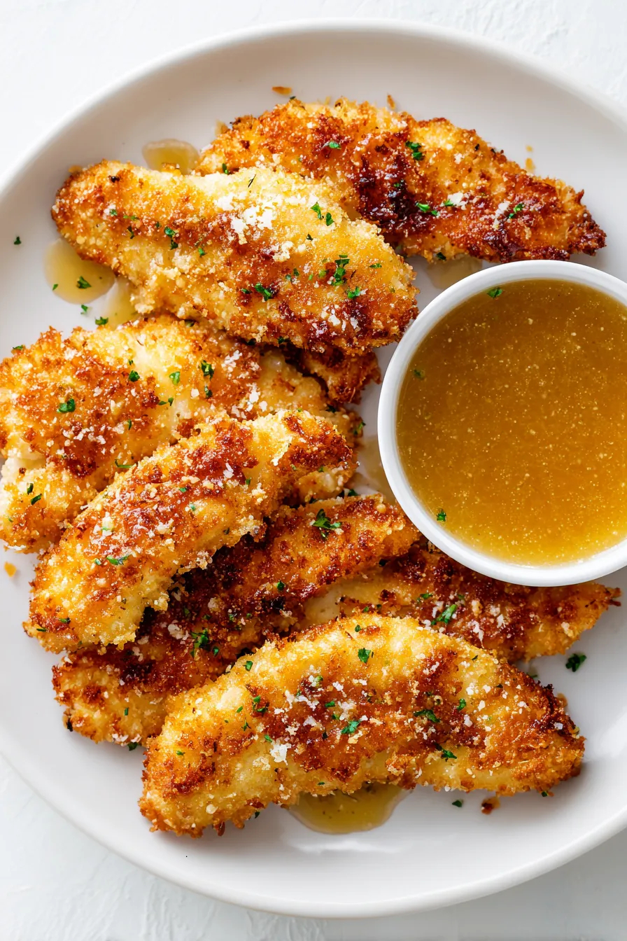 Parmesan chicken tenders on a plate.