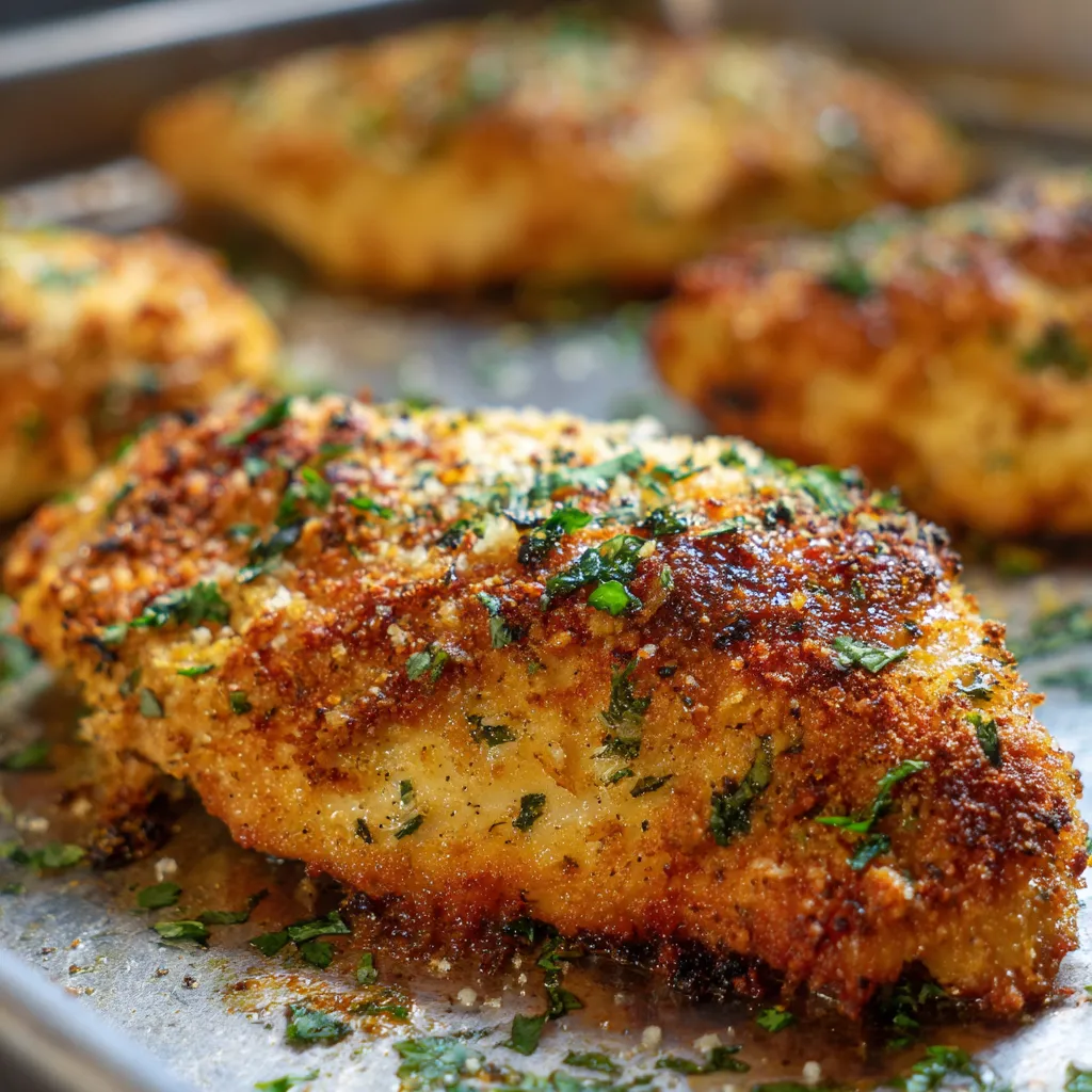 Parmesan chicken tenders on a tray.