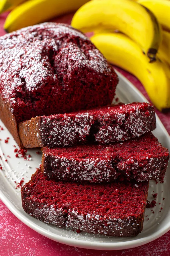A slice of red velvet banana bread.