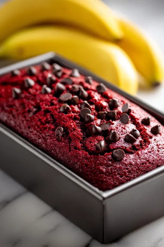 A red velvet banana bread with chocolate chips.