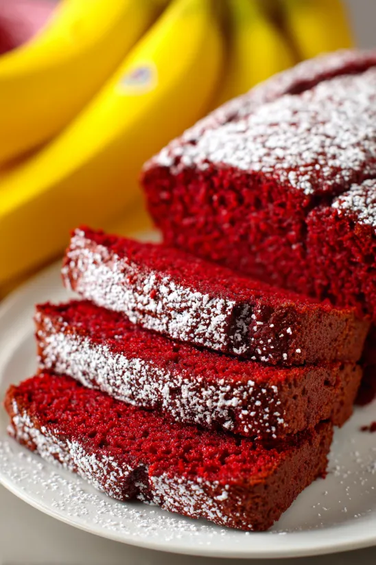 A slice of red velvet banana bread.