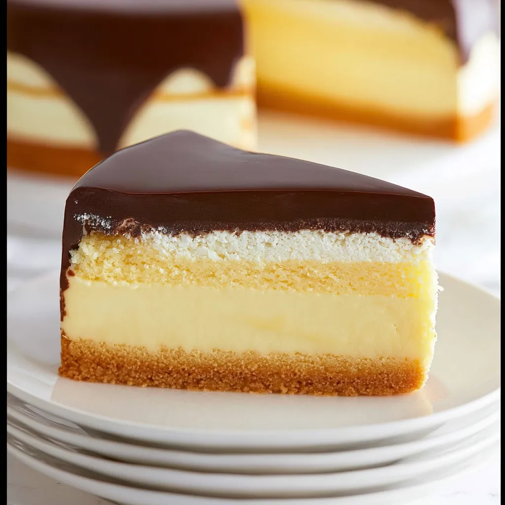 A slice of Boston Cream Pie Cheesecake.