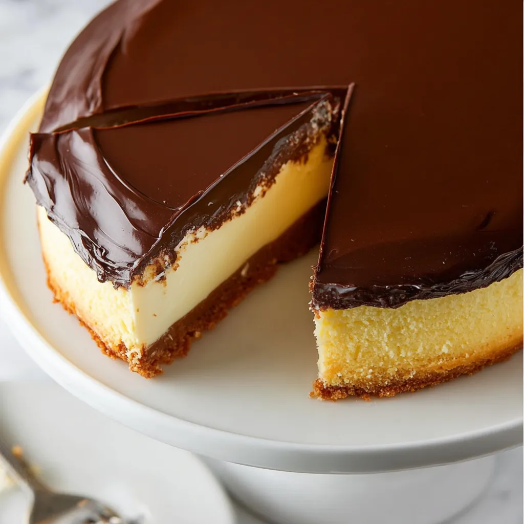 A slice of Boston Cream Pie Cheesecake.