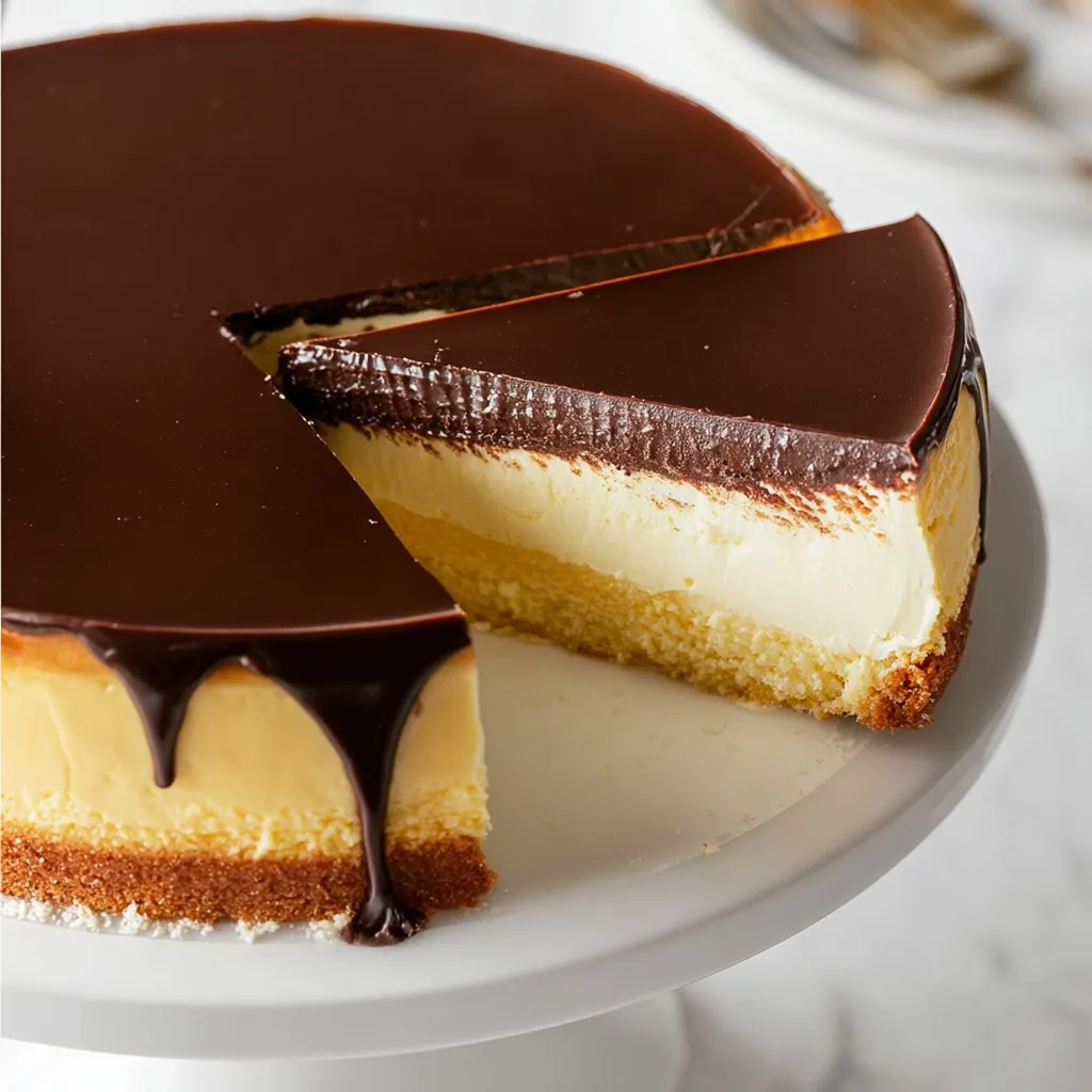 A slice of Boston Cream Pie Cheesecake.