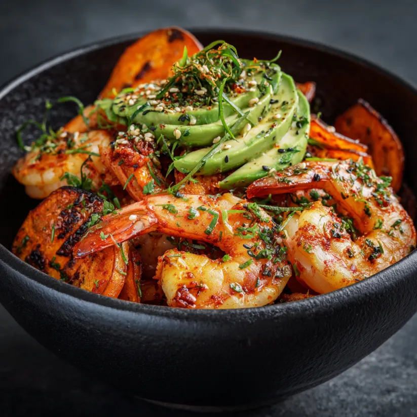 A bowl of shrimp with a spicy sauce.