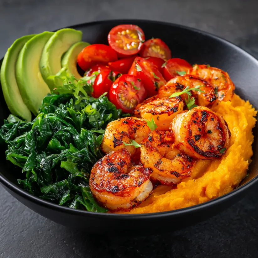 A bowl of food with shrimp, tomatoes, avocado, and greens.