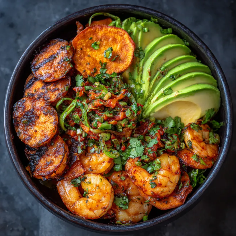 A bowl of food with shrimp, avocado, and carrots.