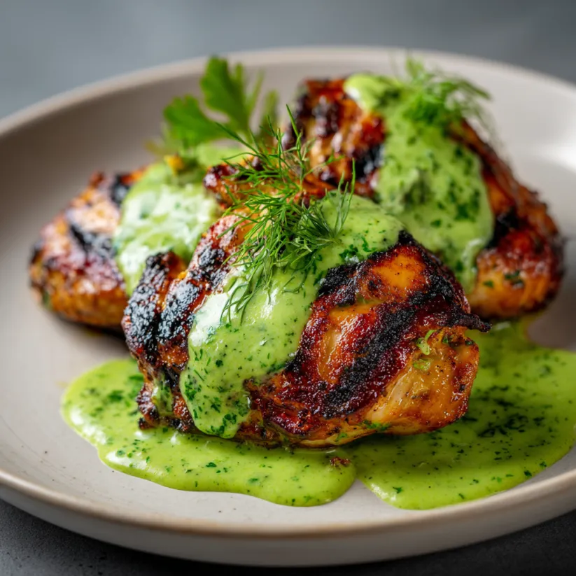 A plate of chicken with green sauce.