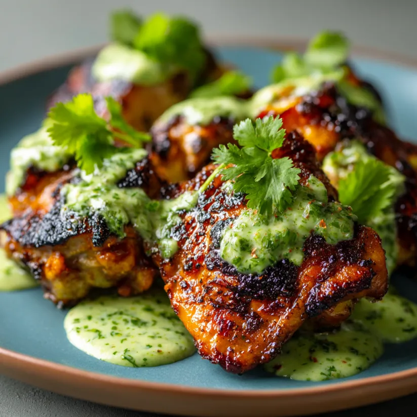 A plate of food with a green sauce on it.