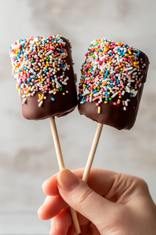 Two chocolate-covered marshmallow pops on a stick.