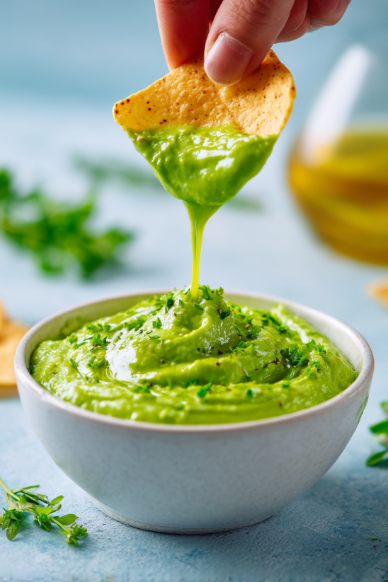 A bowl of green salsa with a spoon in it.