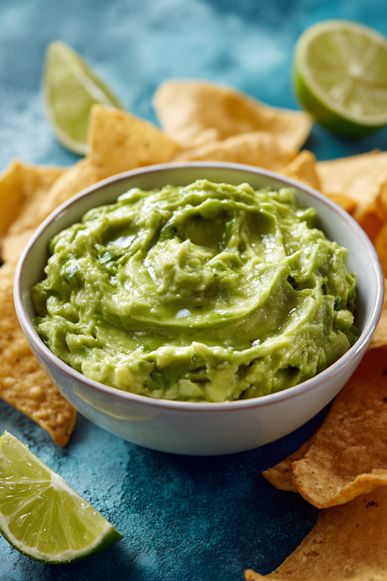 A bowl of guacamole with chips.