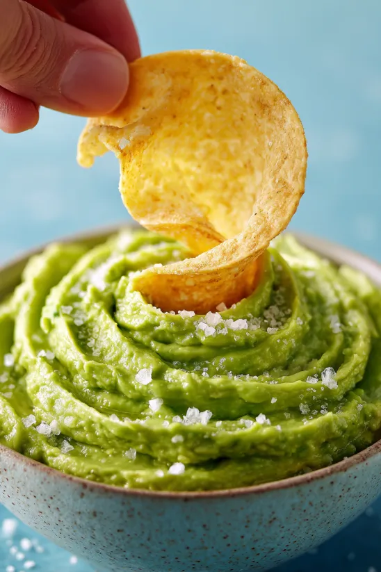 A hand is scooping up a piece of tortilla chips.