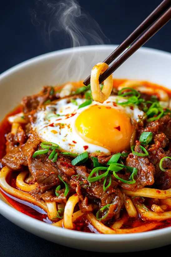 A bowl of yakamein with a fried egg on top.