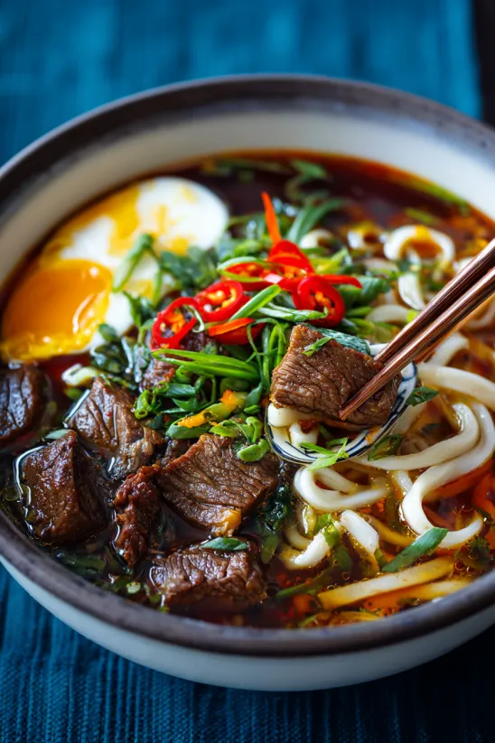 A bowl of soup with meat and vegetables.