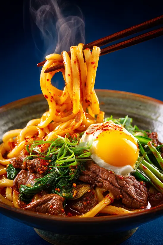 A bowl of noodles with a fried egg on top.