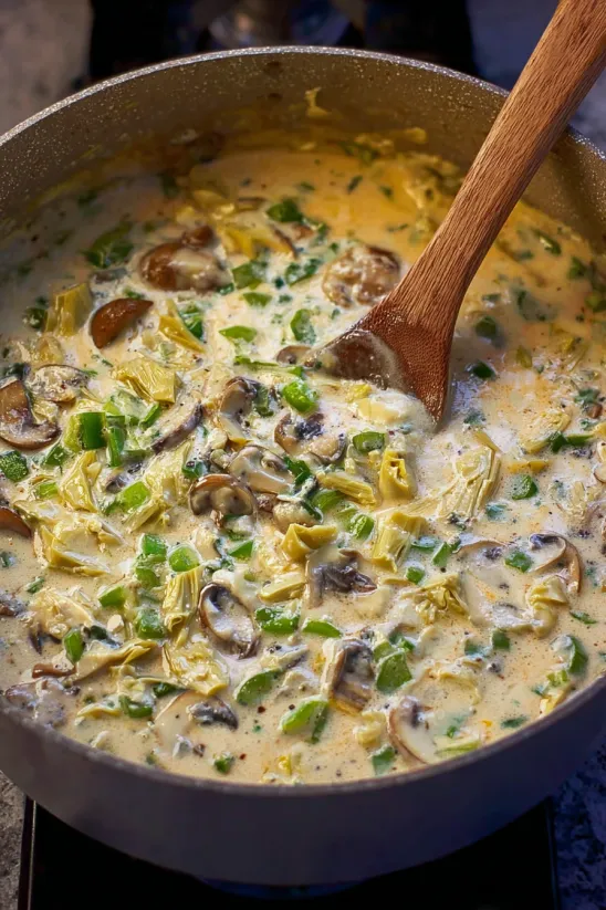 A wooden spoon in a pot of soup.