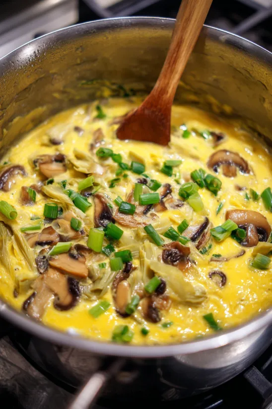 A pot of oyster stew with mushrooms and green onions.