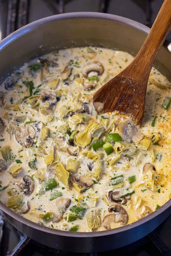 A wooden spoon in a pot of soup.