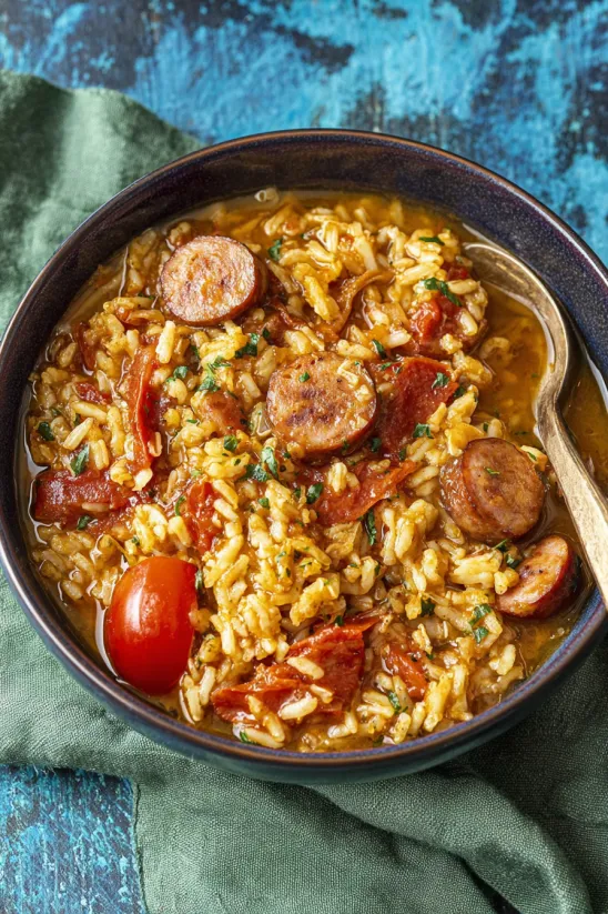 A bowl of rice with sausage and tomatoes.